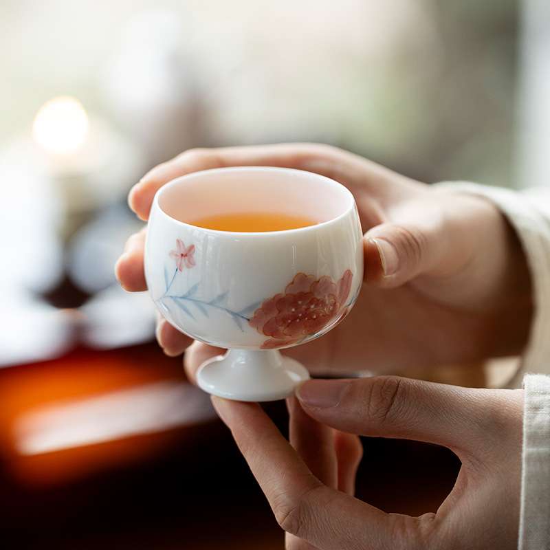 弥言纯手绘牡丹花茶杯创意手工陶瓷女士精致主人杯高足品茗杯日式