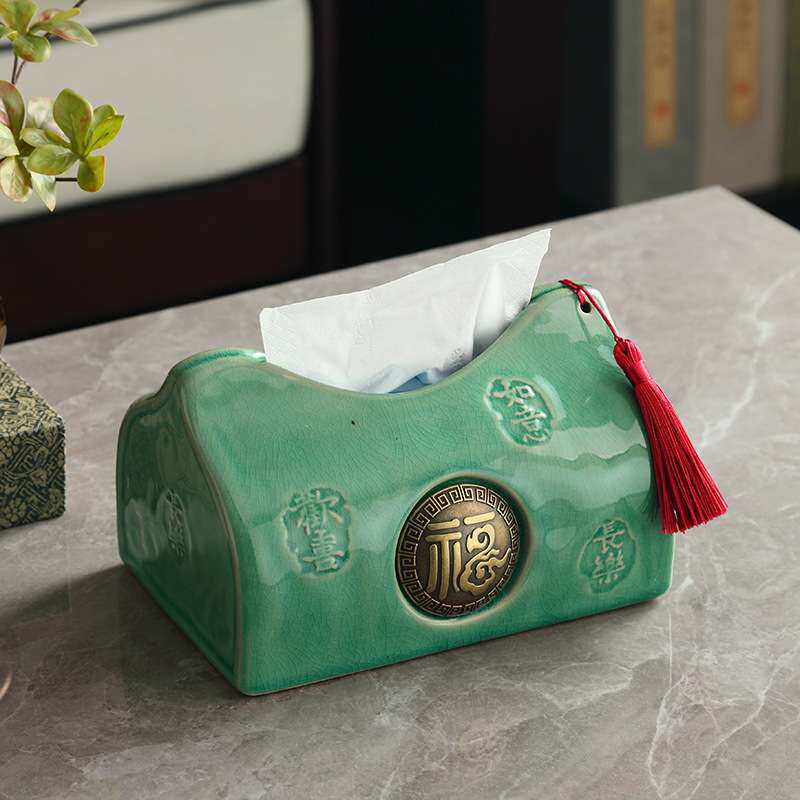 纸巾盒客厅摆件中式设计感布袋抽纸盒家用茶几餐桌冰裂陶瓷纸抽盒