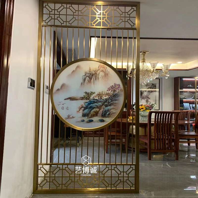 中式玄关仿古金属通花 玫瑰金不锈钢圆形山水画艺术玻璃屏风隔断