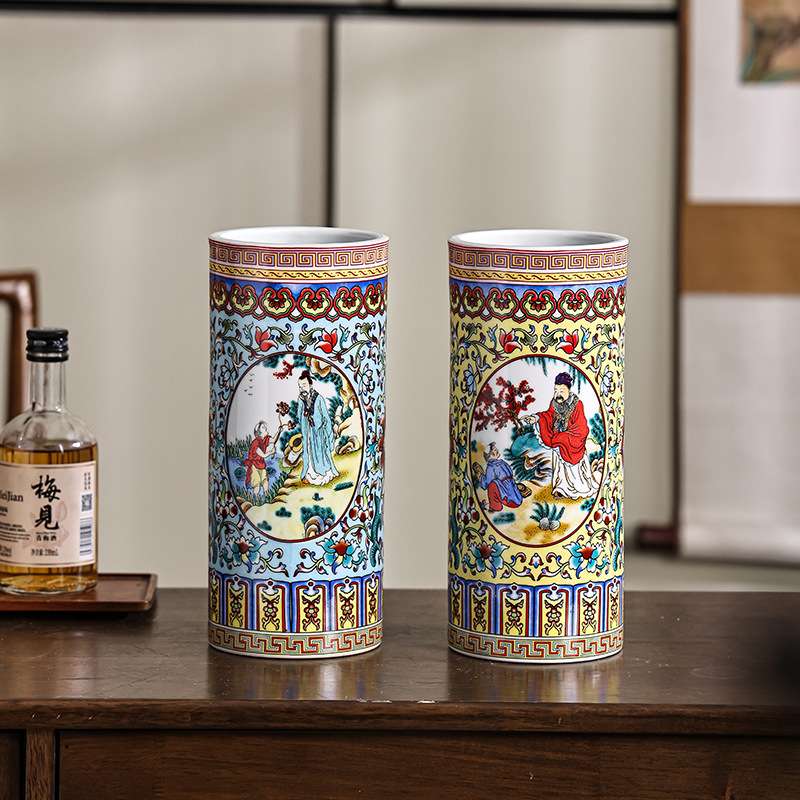 粉彩陶瓷直筒陶瓷笔筒花瓶陶瓷粉彩仿古陶瓷花瓶可水培景德镇陶瓷