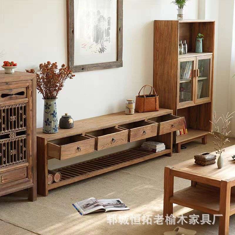 老榆木客厅影视柜落地式矮柜实木电视柜禅意民宿地柜老榆木家具柜