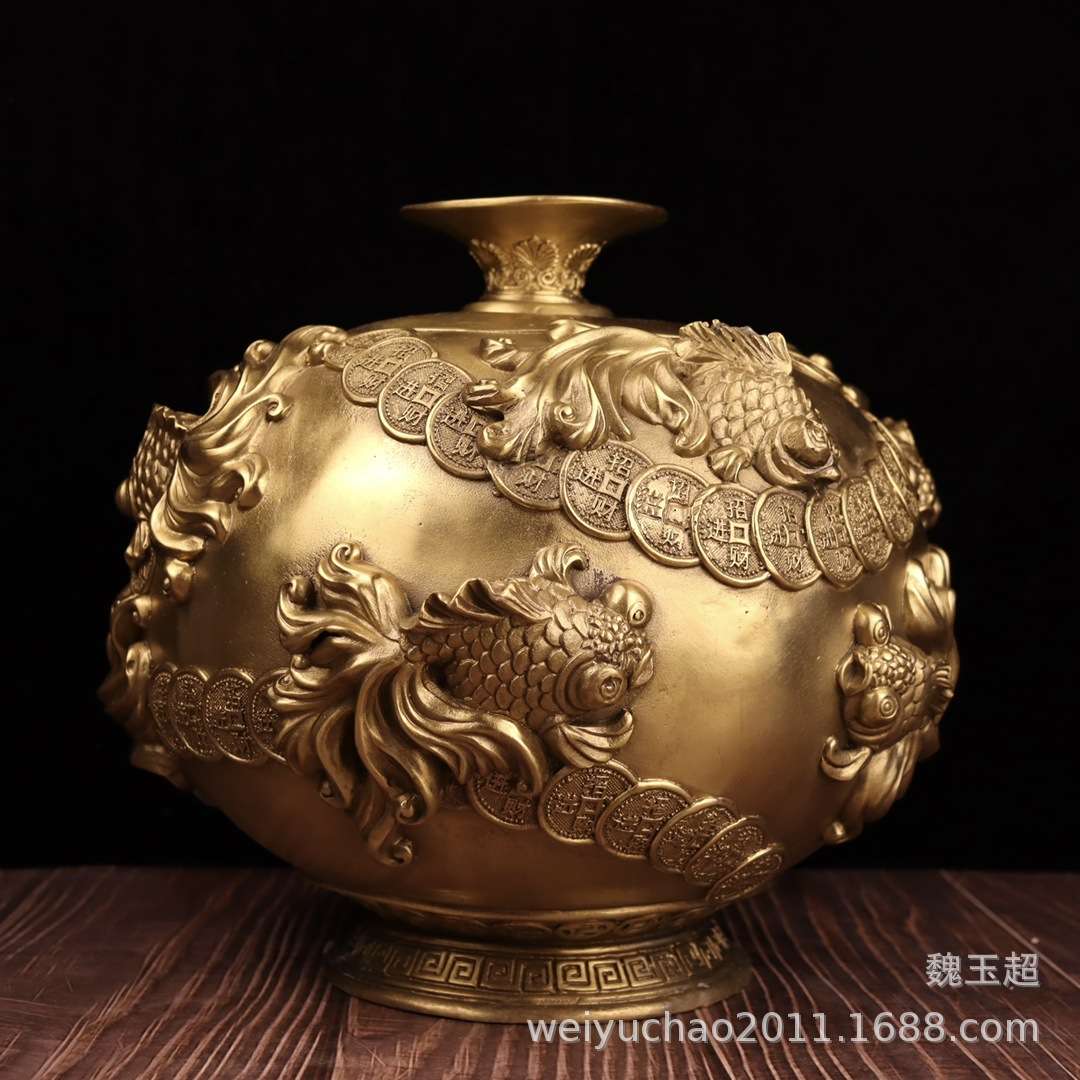 纯铜金玉满堂花瓶工艺品摆件花开富贵年年有余金鱼花瓶工艺品摆设