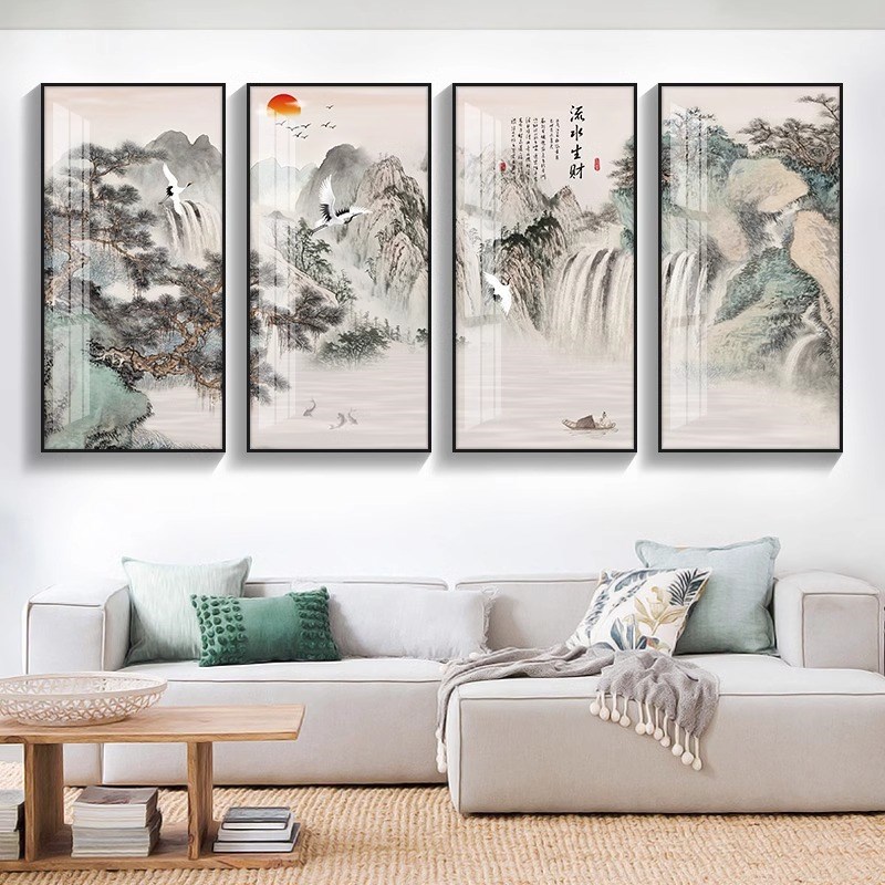 新中式客厅装饰画大气山水画沙发背景墙壁画茶室办公室挂画四联画