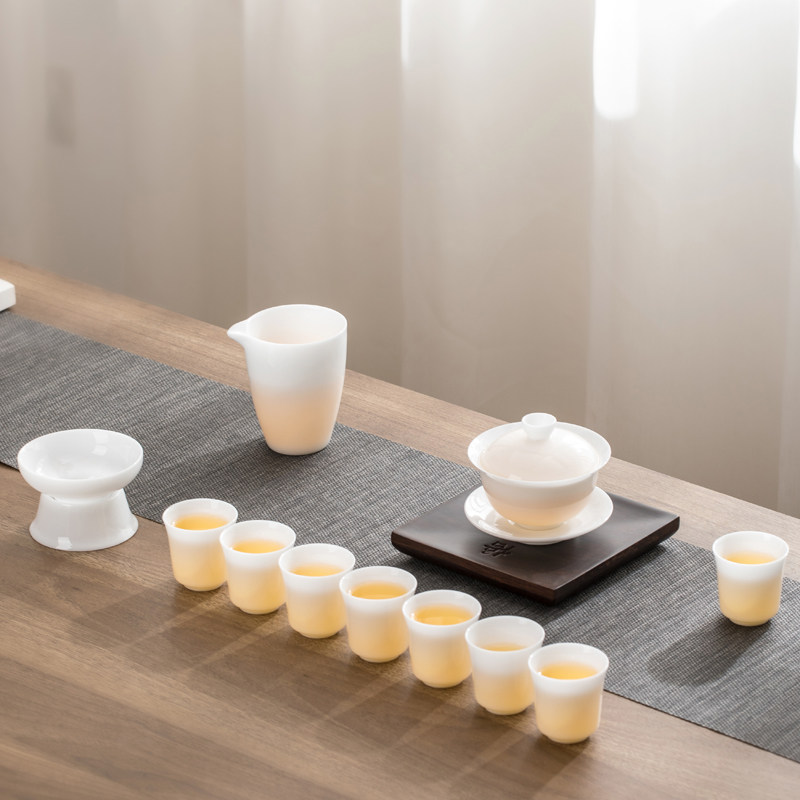 一品仟堂德化白瓷冰种玉瓷功夫茶具套装办公室泡茶高档盖碗礼盒装