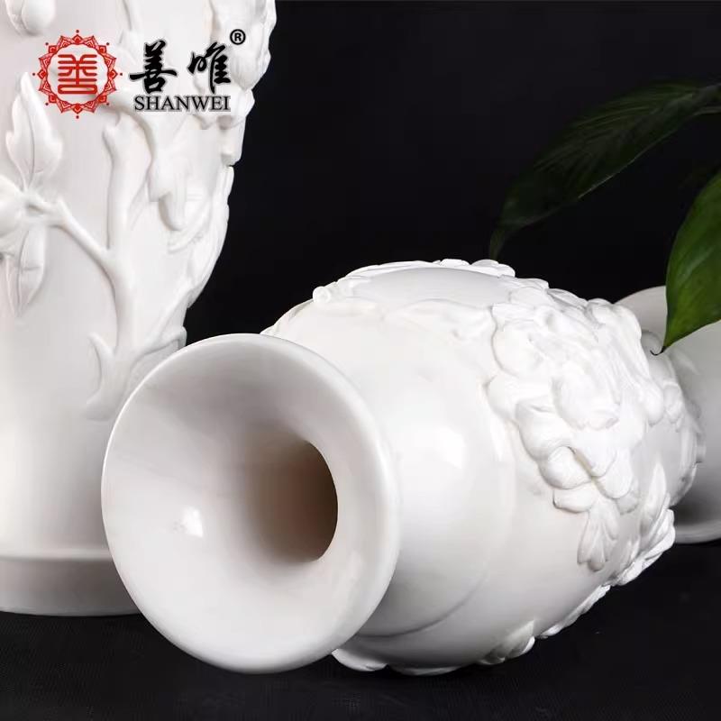 天然汉白玉大理石牡丹手工白花瓶细口客厅桌面新中式插花鲜花摆件
