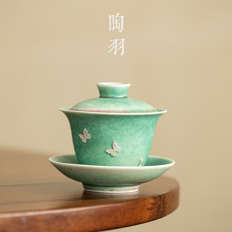 松柏青窑变釉锔银三才盖碗家用陶瓷泡茶碗大号中式功夫茶具泡茶器