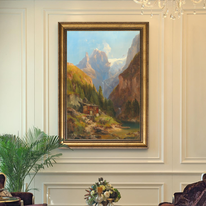 聚宝盆山水风景入门玄关壁画轻奢墙面装饰画客厅挂画别墅楼梯油画