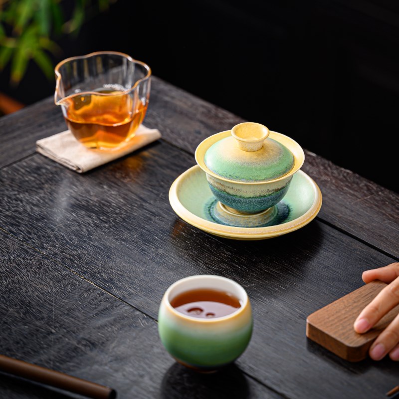窑变陶瓷三才盖碗单个大号办公室家用功夫茶具泡茶碗茶杯只此青绿