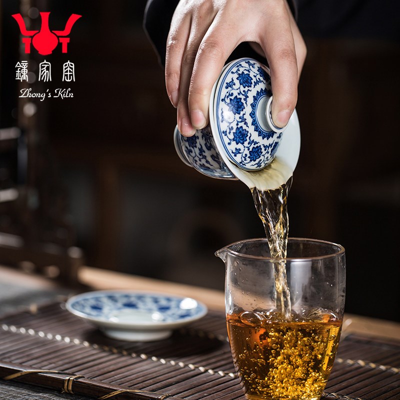 锺家窑陶瓷盖碗 景德镇柴窑青花点工手绘缠枝八宝小号三才泡茶碗