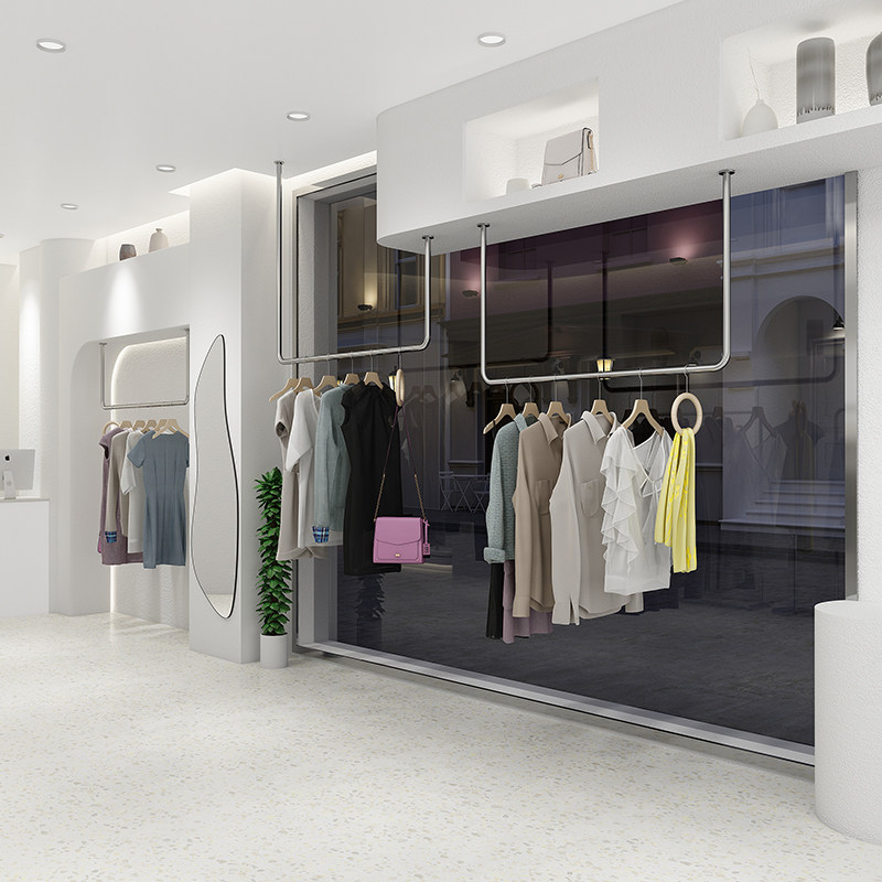服装店展示架银色吊顶不锈钢悬挂陈列架衣架吊架上墙吊环女装货架