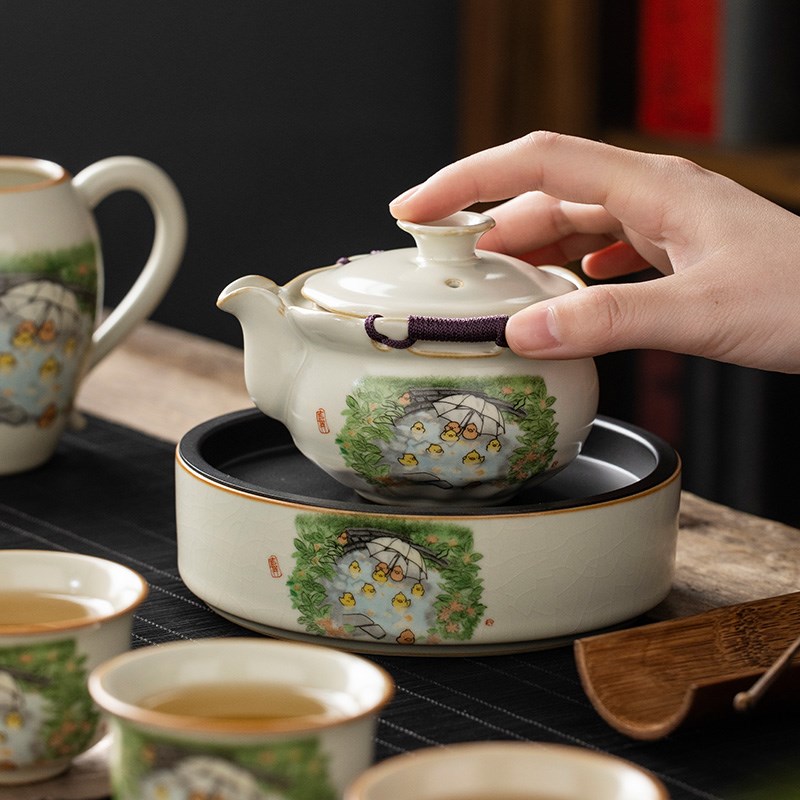 汝窑黄鸭盖碗茶杯家用陶瓷单个高档手抓壶泡茶不烫手定制茶具套装