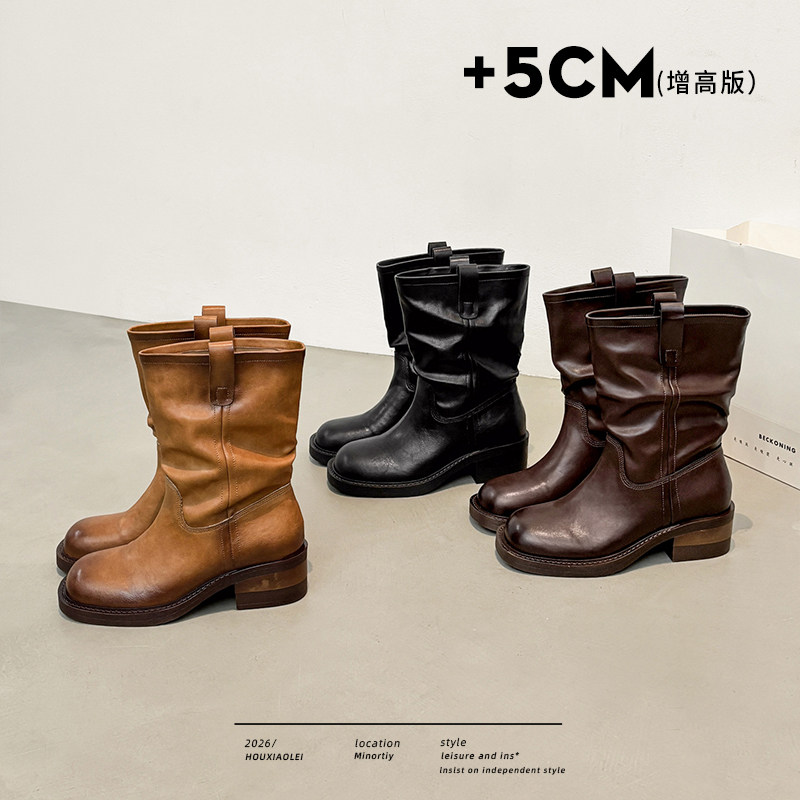 内增高5cm~做旧擦色中筒靴女秋冬