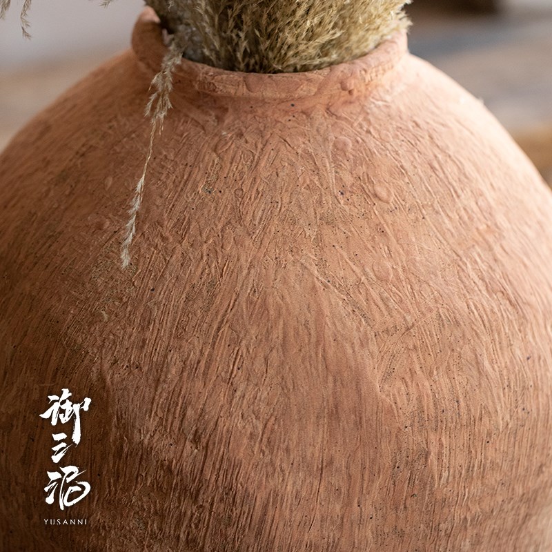粗陶仿红陶色老瓦罐复古陶罐落地大号花瓶禅意陶罐民宿餐厅装饰品