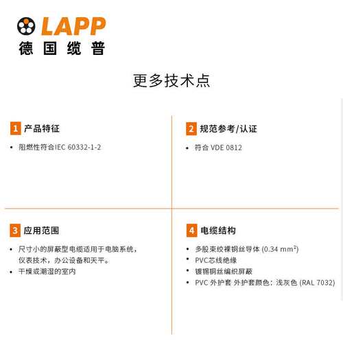 缆普LAPP电线电缆UNITRONIC? LIYCY国标铜芯多股装修护套线软线