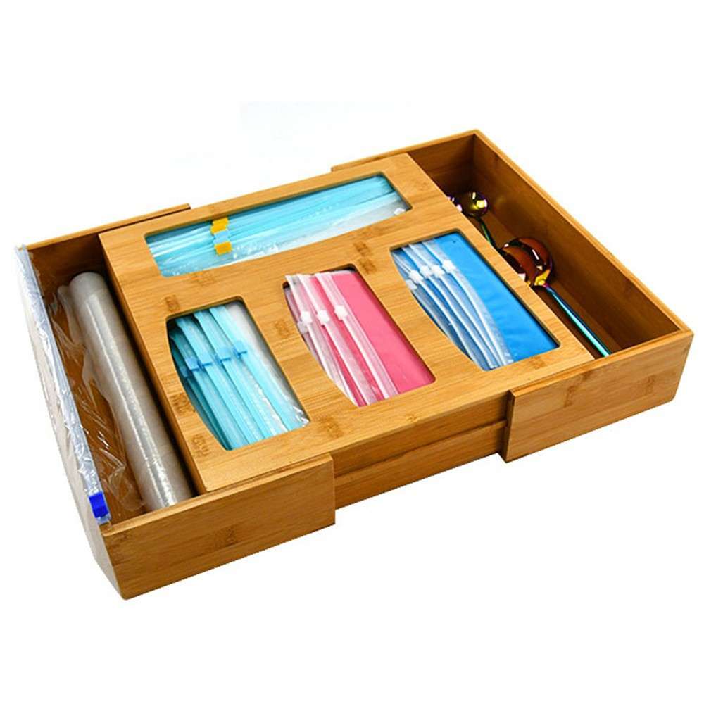 现货竹木保鲜膜盒保鲜袋收纳盒竹制自封袋盒可伸缩盒储物