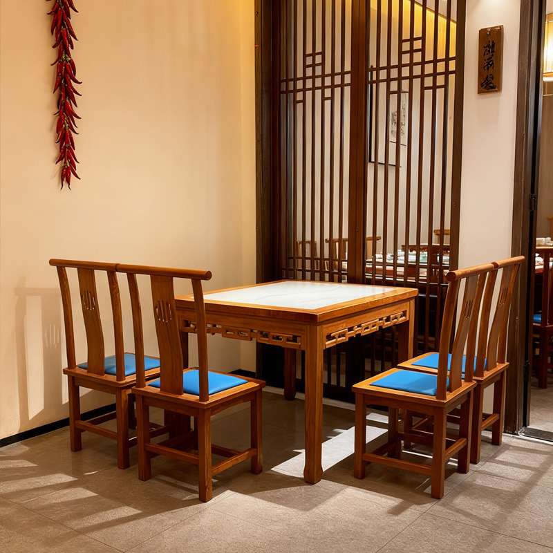 厂家直销新中式八仙实木岩板长方形商用火锅饭店湘菜馆桌凳椅组合