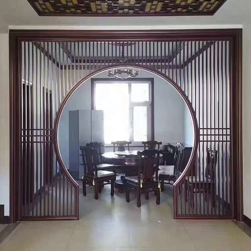 月洞门月亮门新中式仿古实木隔断镂空花格门窗木格栅屏风圆型拱门