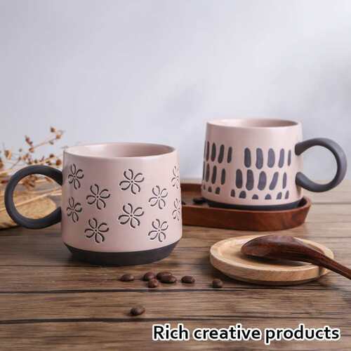 Cute pink mug with engraved pattern ceramic coffee cups
