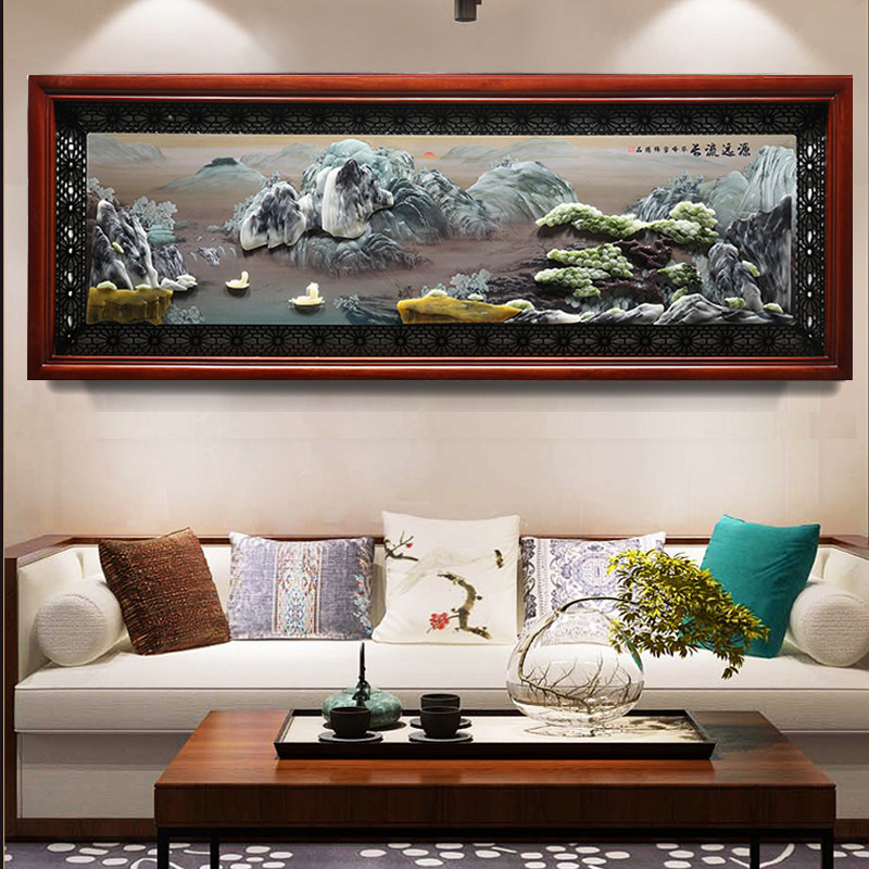 山水浮雕壁画玉雕画客厅装饰画中式沙发背景墙挂画3d立体实木挂件