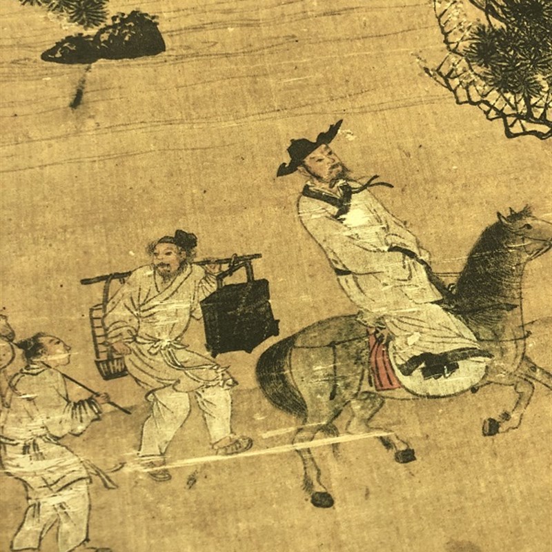 明 唐寅 松林扬鞭图 唐伯虎山水风景人物国画立轴装饰画挂轴装裱