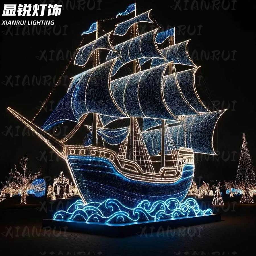 户外大型邮轮圣诞帆船灯立体仿真船装饰灯造型发光可坐人拍照打卡