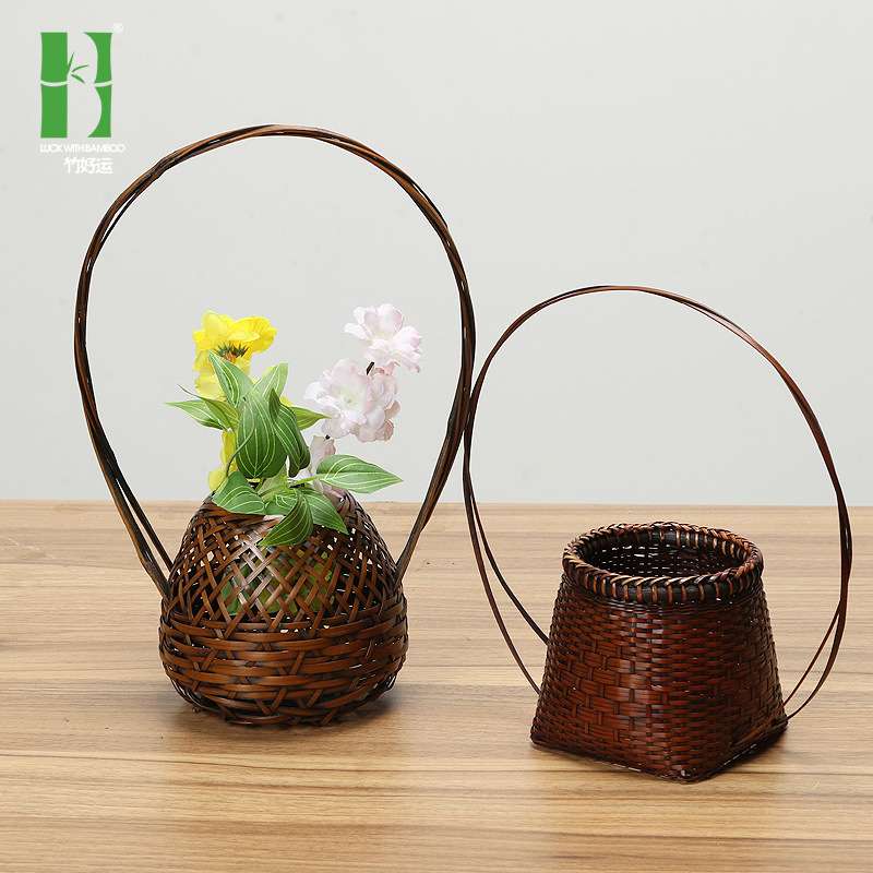 竹编手提花篮 干花篮工艺编织收纳篮子 藤编客厅装饰花器工厂