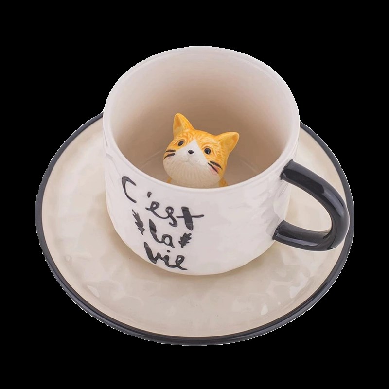 U Mi LIVING萌宠杯具咖啡杯碟套装可爱小猫咪陶瓷水杯简约家用