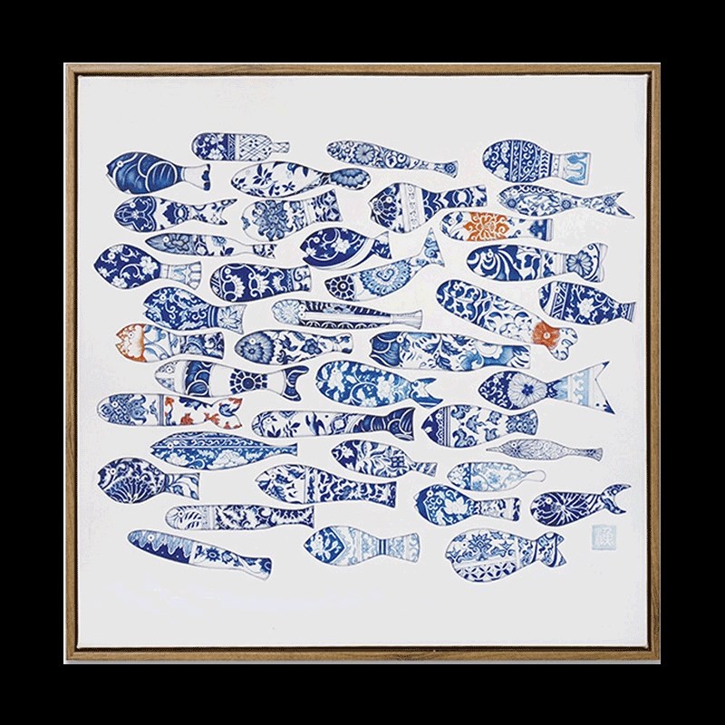 网红中式饭厅玄关日式挂画艺术家客厅简约抽象画装饰画苏毅青花鱼