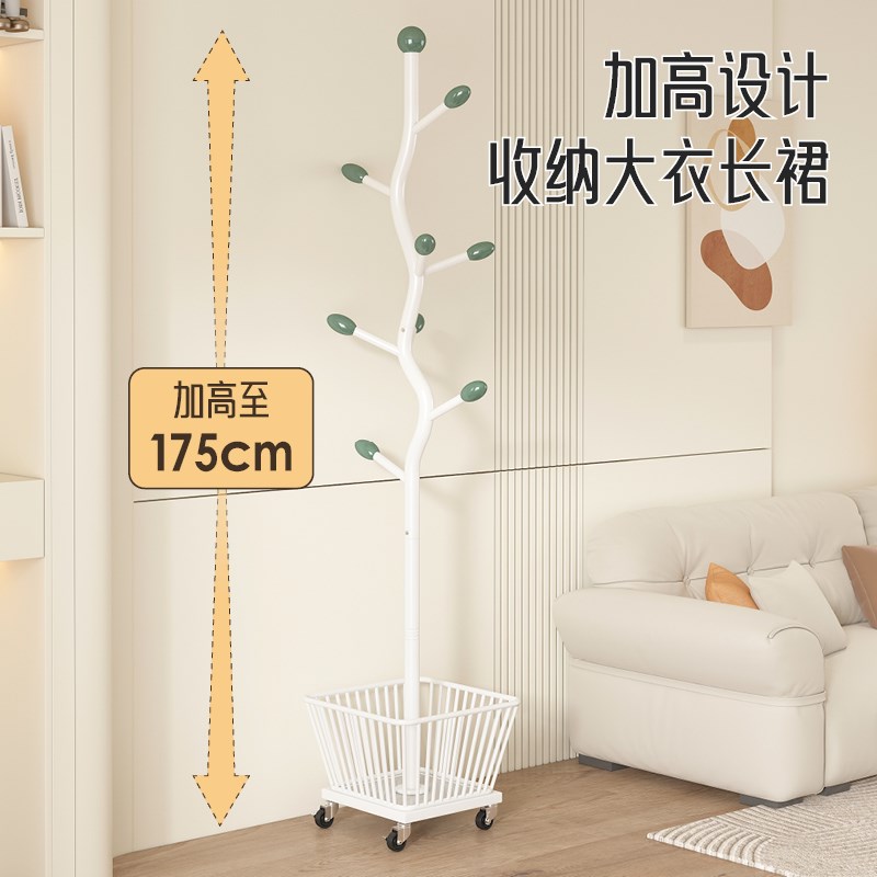 家用衣帽架卧室落地挂衣架子可移动收纳篮脏衣篓床边立式树杈入户