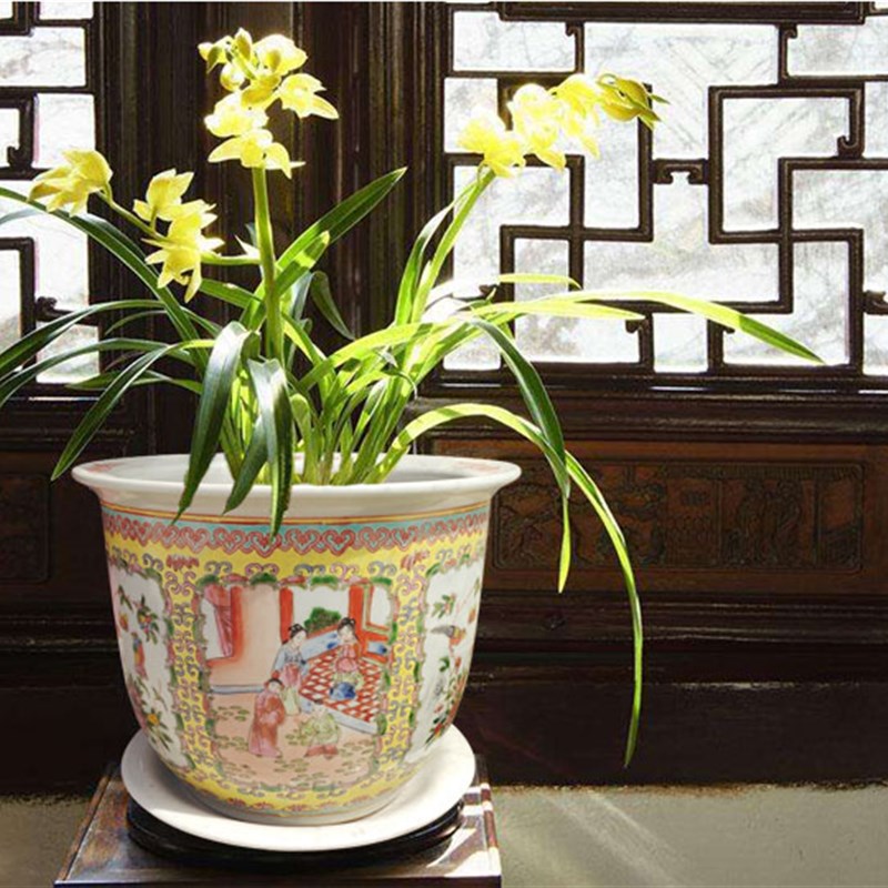 花钵景德镇陶瓷花盆树盆手绘粉彩六方新中式兰花盆人物花鸟室内清