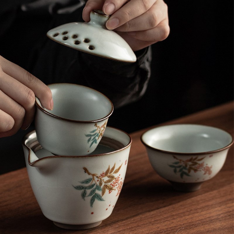 高端手工陶瓷功夫茶具套装旅行茶具汝窑开片可养快客杯一壶二杯