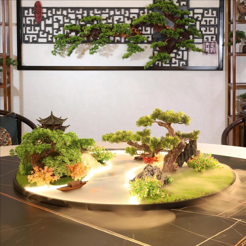 餐桌中间摆花喷雾化流水灯光遥控桌摆转盘花摆圆桌芯装饰盆景花瓶