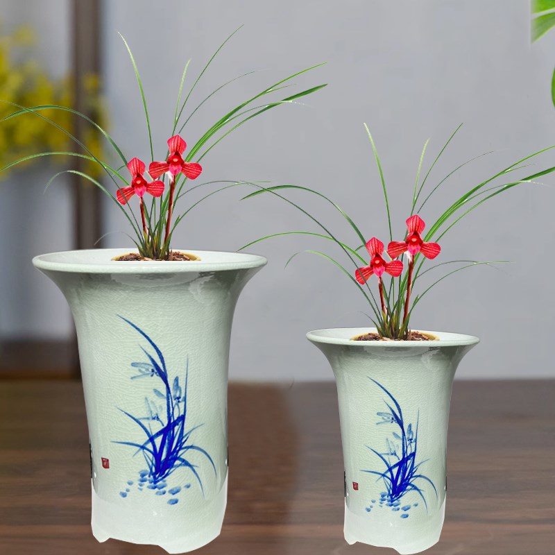 景德镇陶瓷兰花花盆釉下青花新中式古典树盆梅兰竹菊带托盘大小号