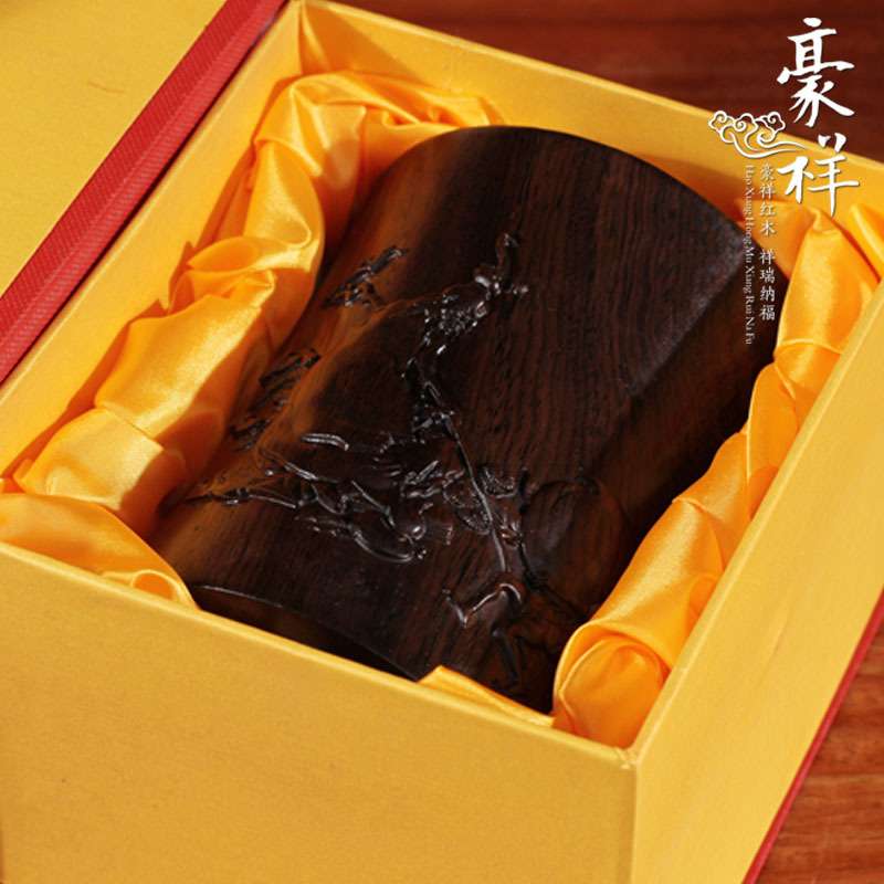 非洲黑檀木大圣贺寿小号圆形笔筒 黑枝木小号寿桃笔筒摆件工艺品