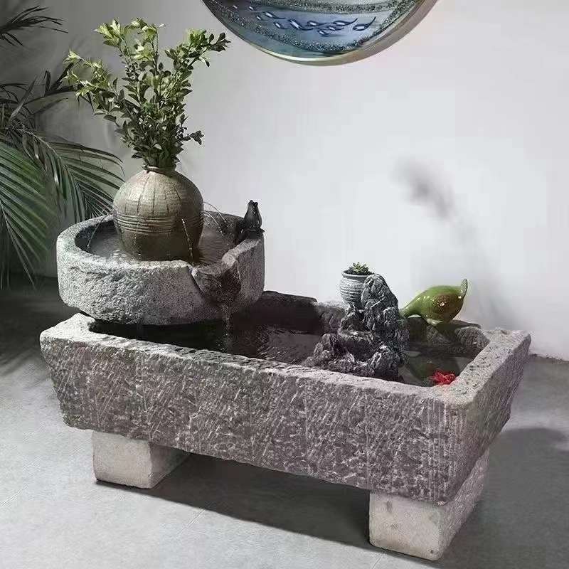 老旧石槽鱼缸鱼池石头石缸养鱼户外庭院石磨青石马槽景观流水摆件