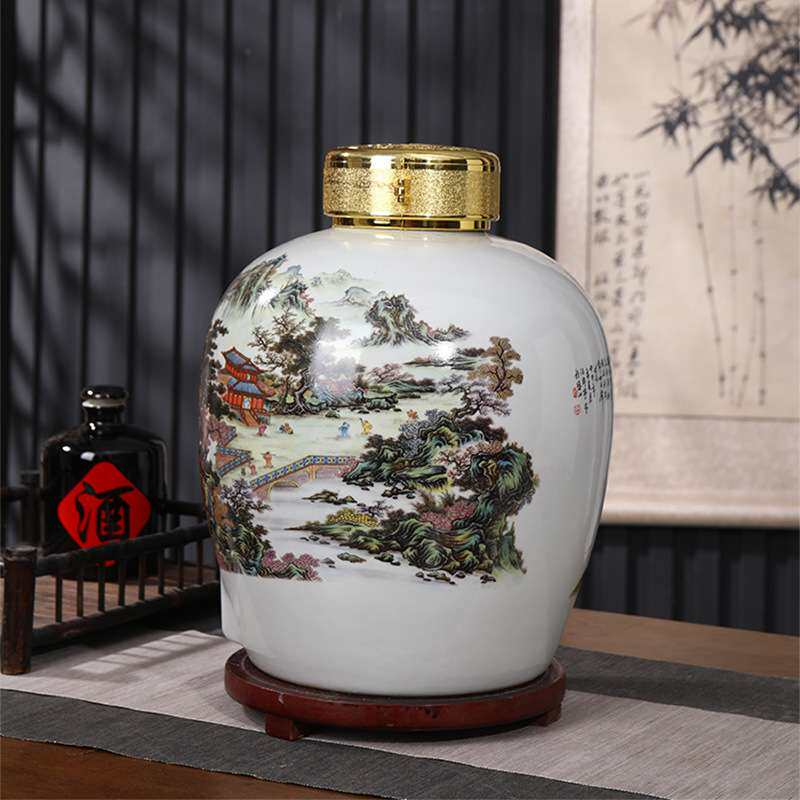 景德镇陶瓷泡酒坛子10斤20斤30斤50斤装山水家用存酒密封酒缸酒罐