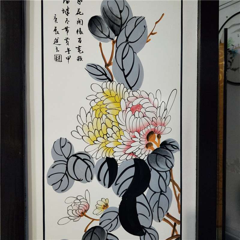 四季花屏风白色底双面手绘梅兰竹菊装饰摆件中国特色木质工艺隔断