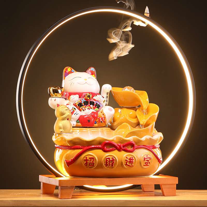 新中式招财猫电动招手摆件陶瓷流水生财led灯发光福袋前台发财猫