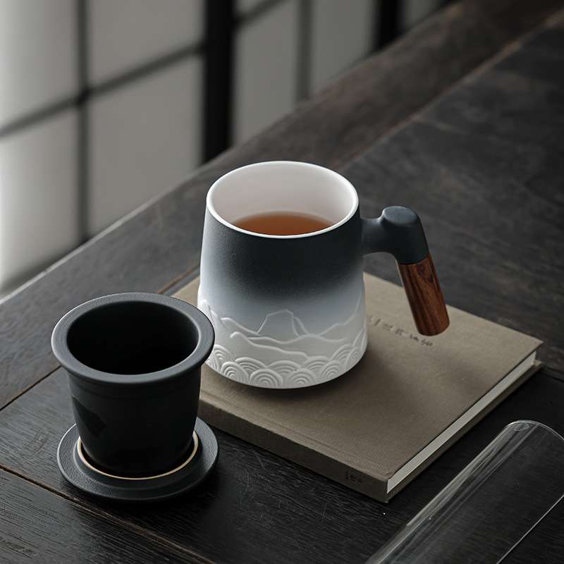 茶杯陶瓷马克杯带盖大容量过滤泡茶杯办公室简约茶水分离杯子日式