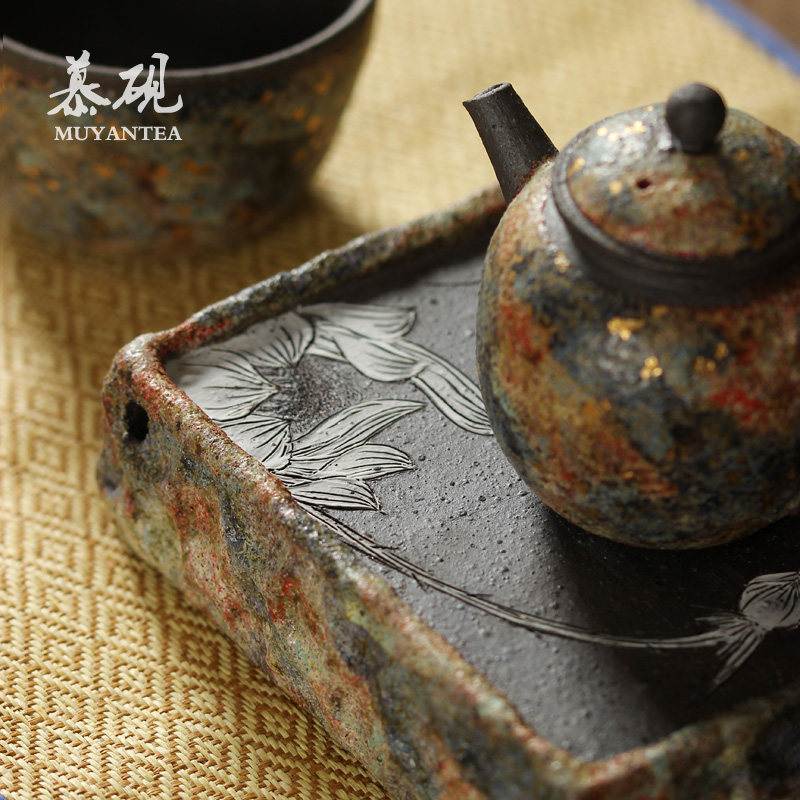 慕砚 岩矿蓄水壶承 日式方形干泡台禅意功夫茶具茶承手作干泡茶盘