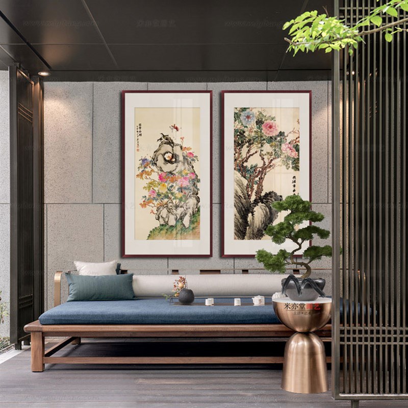 米亦堂x富贵白头图 居廉新中式日式牡丹花鸟国画客厅餐厅玄关挂画