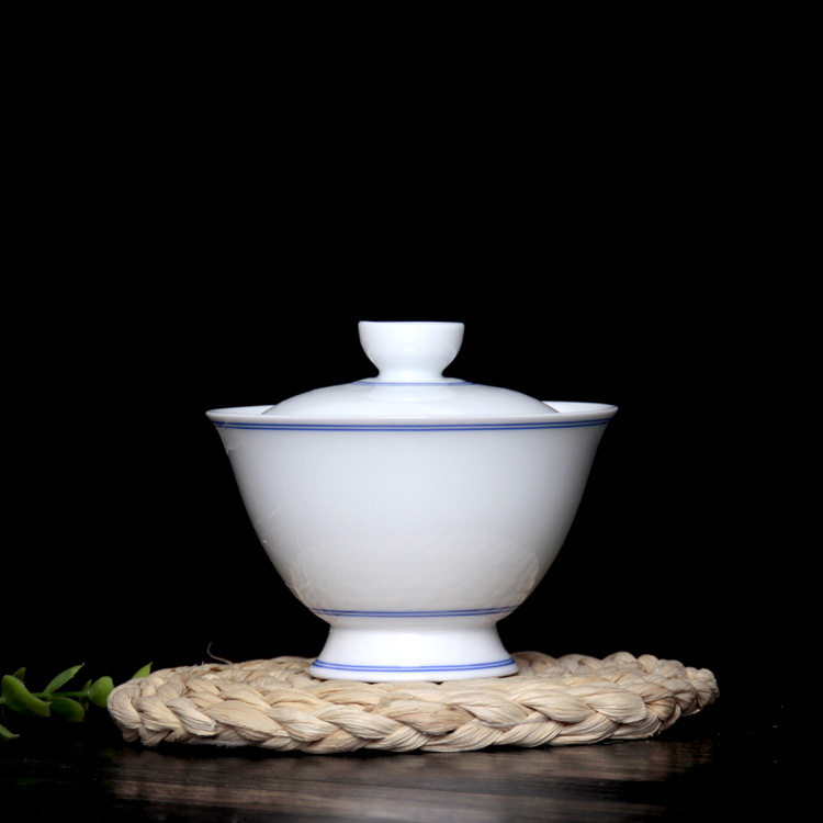 手绘双线青花瓷大号码盖碗白瓷泡茶杯陶瓷茶具茶备茶碗三才敬茶碗