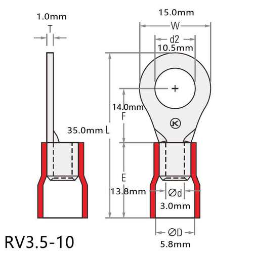 RV3.5-10紫铜冷压接线端子绝缘套圆形端子 M10螺口铜鼻子接线端头