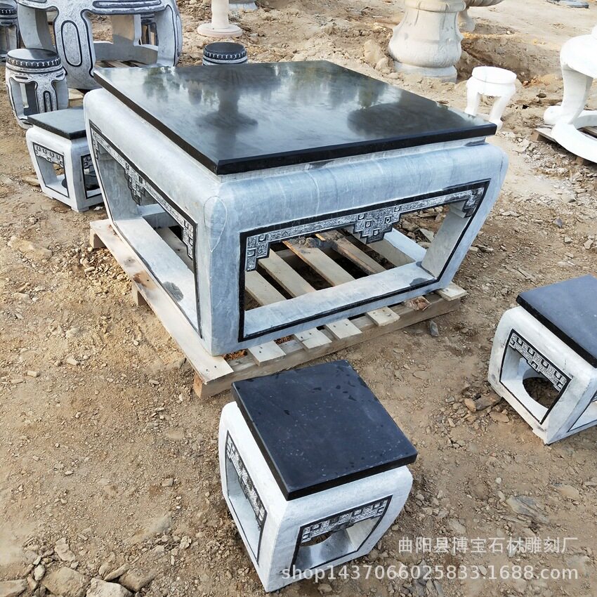 中式石雕桌子庭院现货 大理石方形古典雅致青石仿古石桌石凳一套