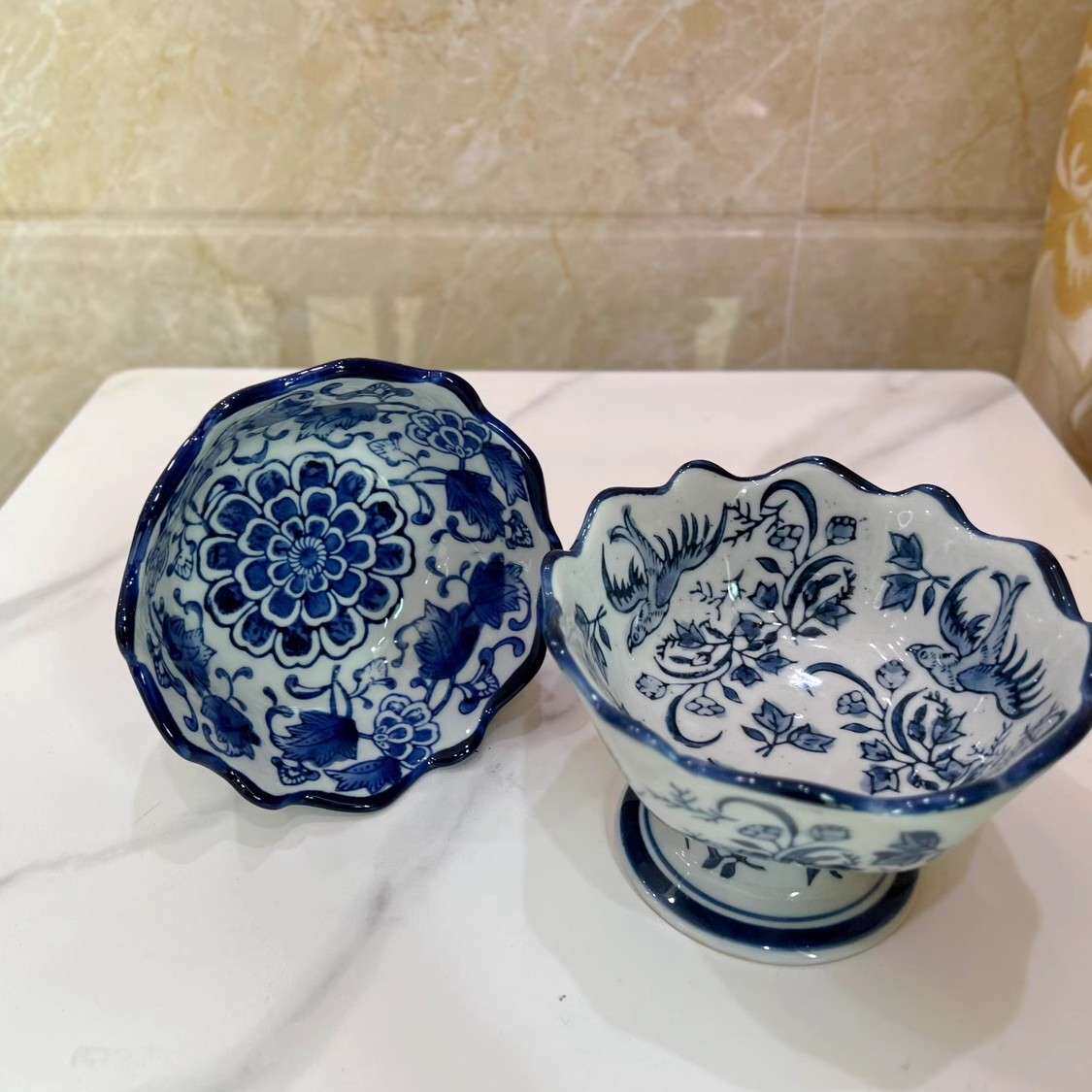 青花高脚碗中式陶瓷高脚碗茶道点心碗冰淇淋碗点心碗小吃碗家用摆