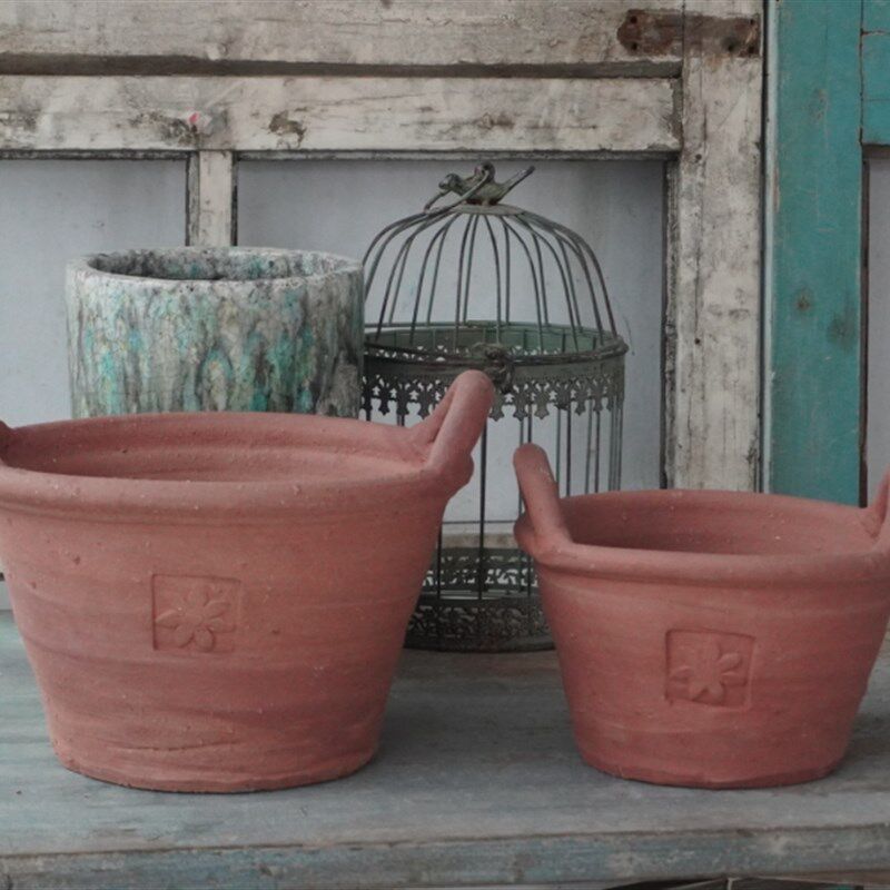 手工双耳红陶瓦盆 粗陶 郁金香 球根 花盆多肉素烧简约