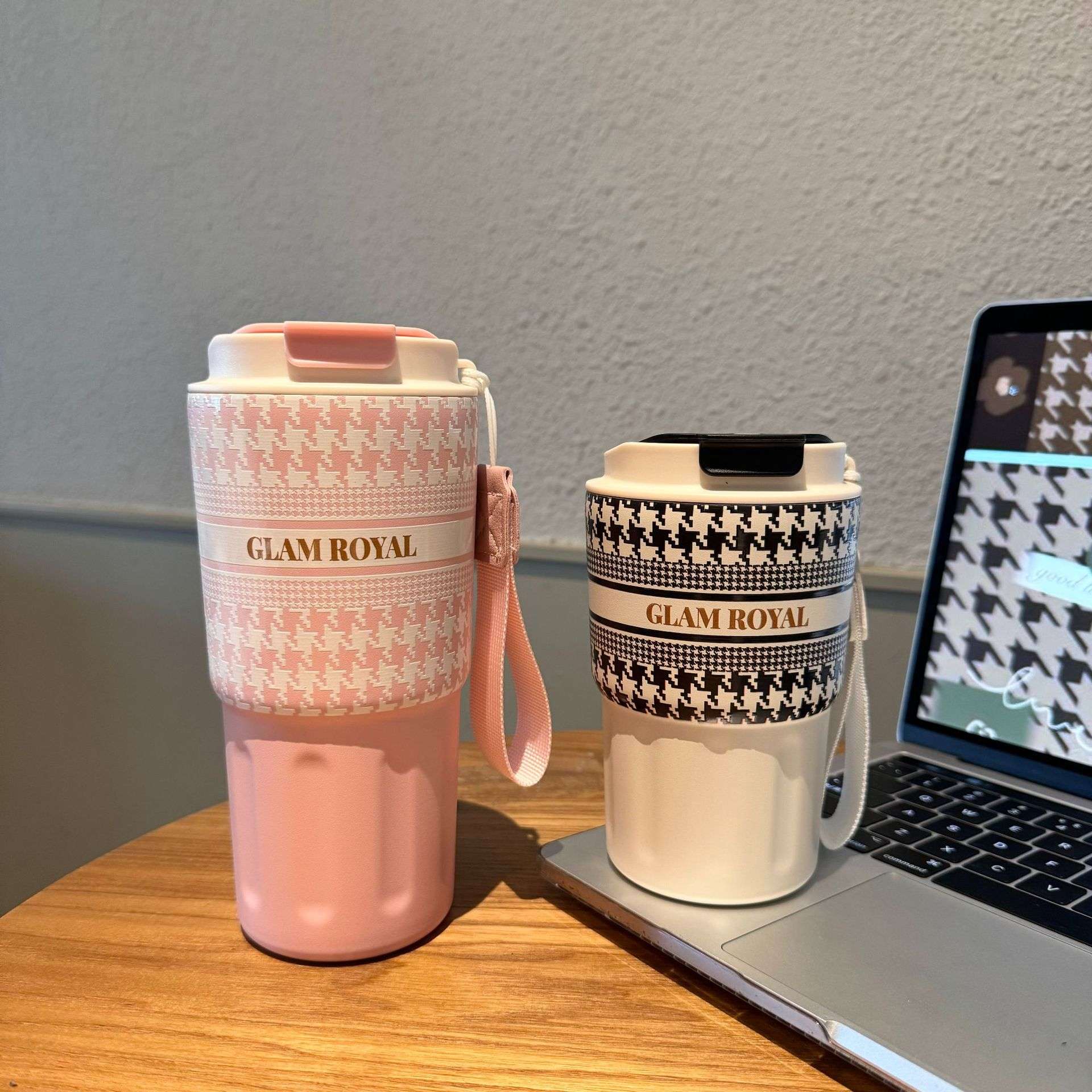 SITARAYURI新款高颜值3D千鸟格纹随手杯保温杯大容量情侣咖啡杯子