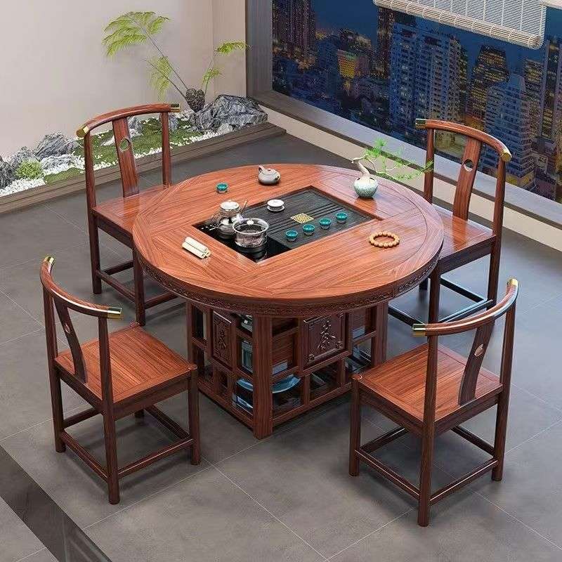 新中式圆形实木雕花茶餐桌两用二合一实木茶桌椅组合一体两用茶台