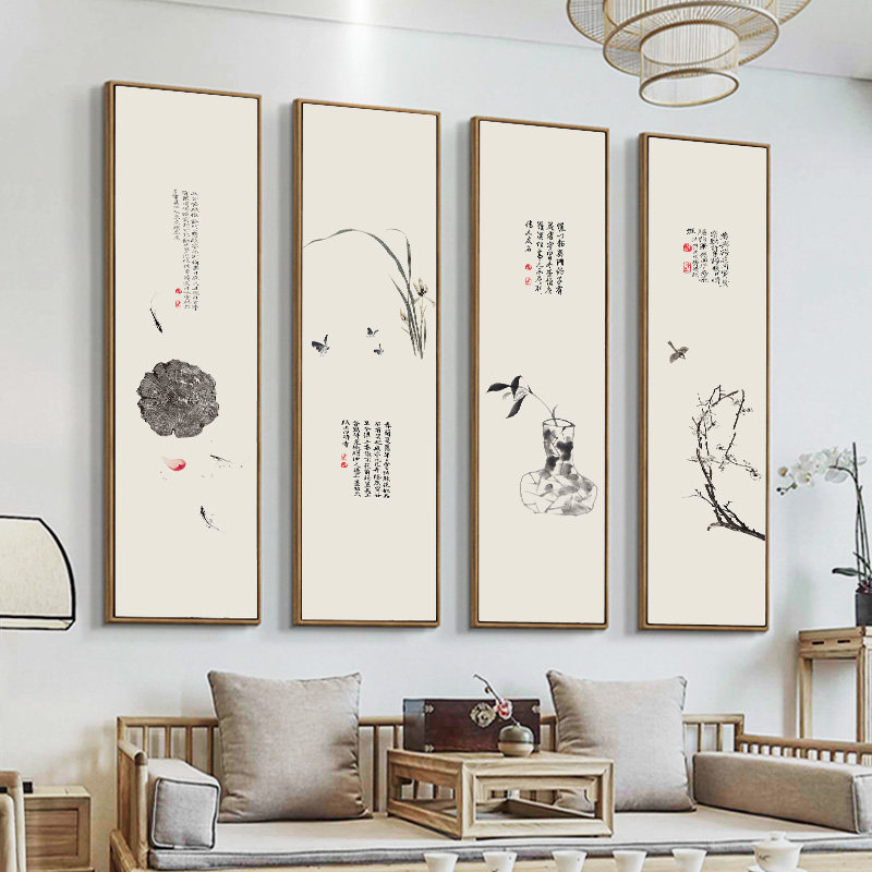 新中式客厅四联竖版装饰画禅意花鸟水墨国画茶室背景墙中国风挂画