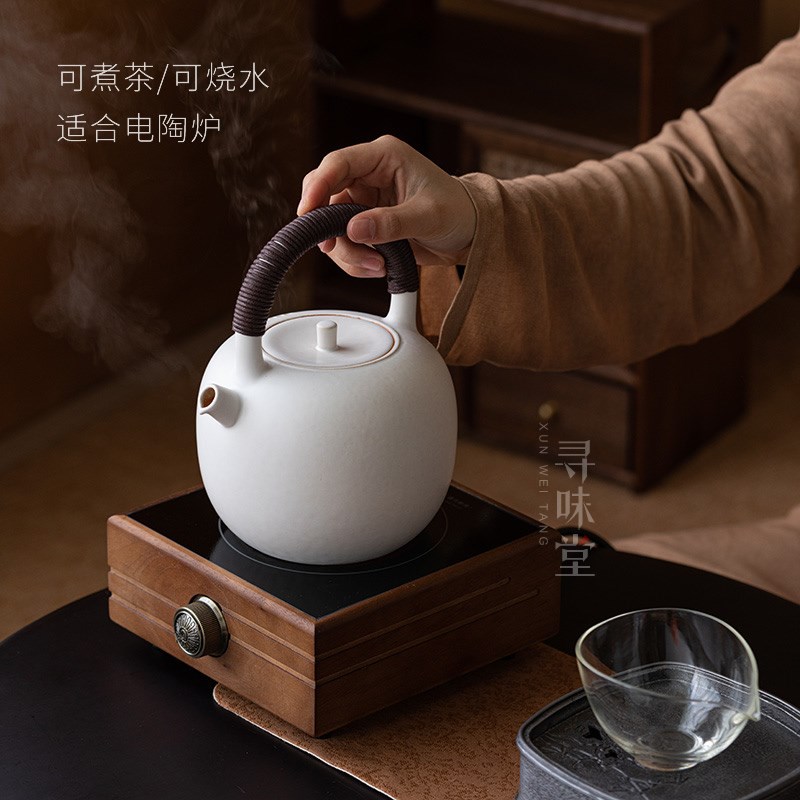 一体式陶瓷大号提梁壶烧水煮茶壶大容量绑绳白色红釉电陶炉专用